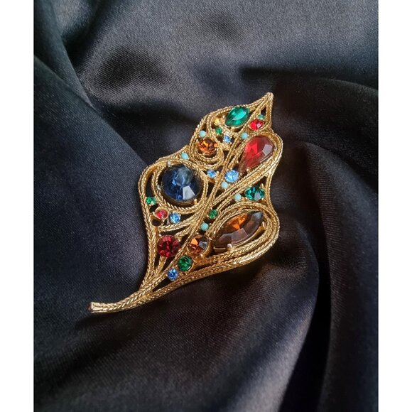 Vintage LaRoco Large Leaf Gold Toned Colorful Multicolored Rhinestones - Picture 3 of 7